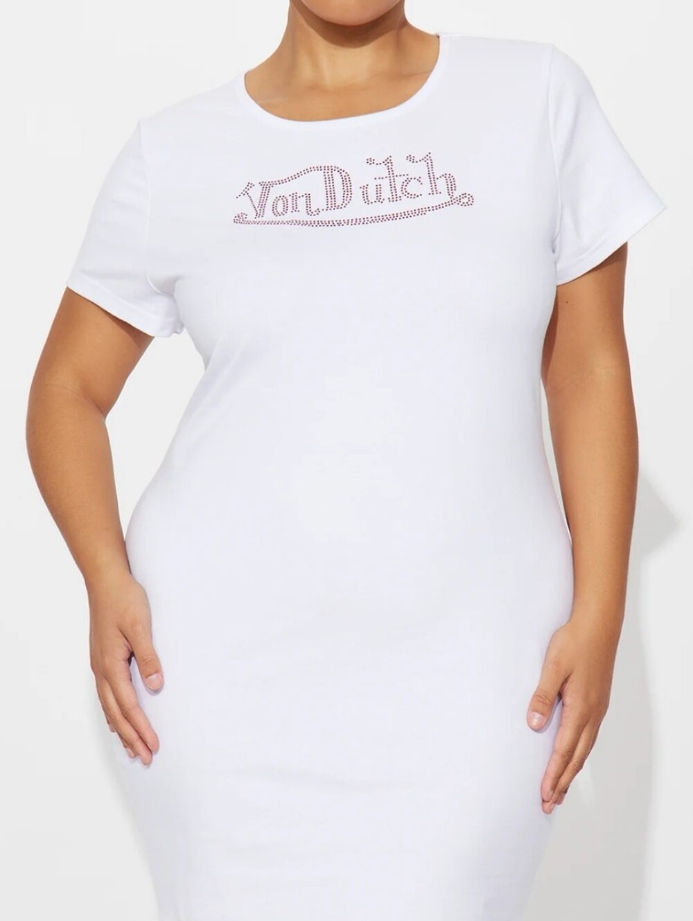 "Von Dutch" White Tshirt Dress with Pink Rhinestone Logo